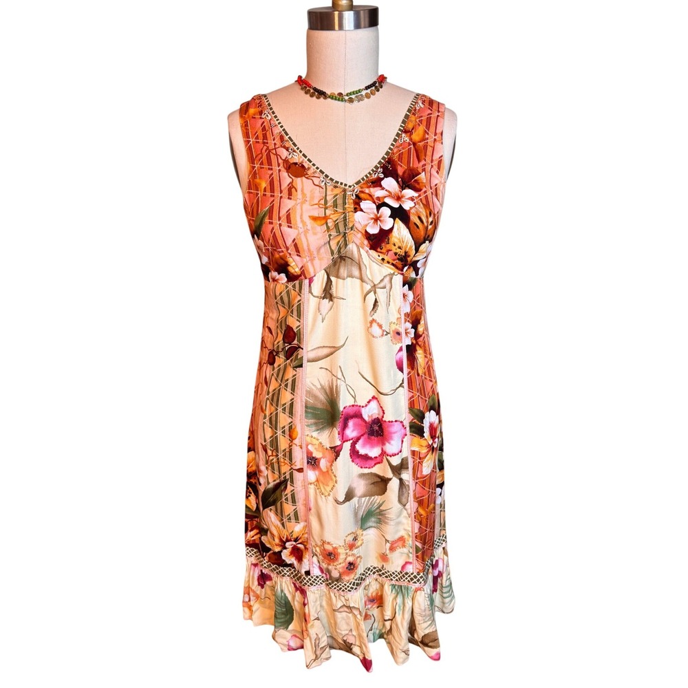 Faith Boho Midi Tropical Dress XS Beaded Sequin Hawaiian Vacation